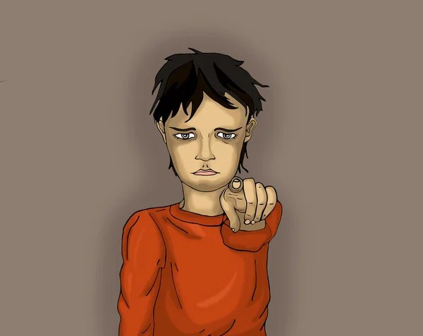 Rapazinho ofendido aponta um dedo para ti. Pontos criança — Fotografia de Stock