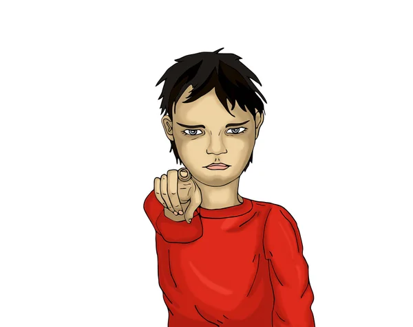 Arg liten pojke pekar ett finger på dig. Barnet pekar fingret — Stockfoto