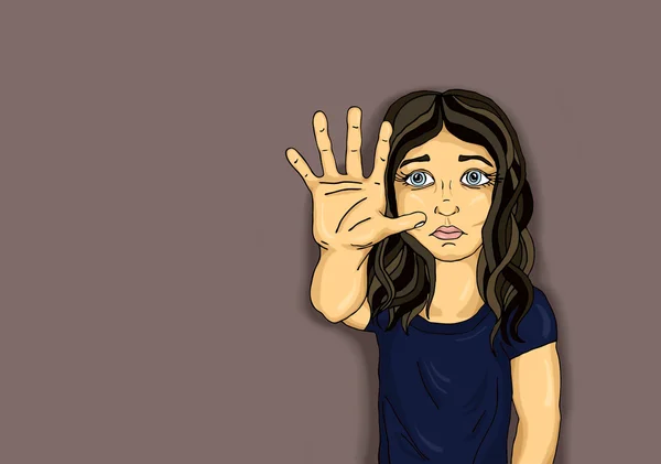 Arg och olycklig flicka visar hand tecken nog. Mot våld — Stockfoto
