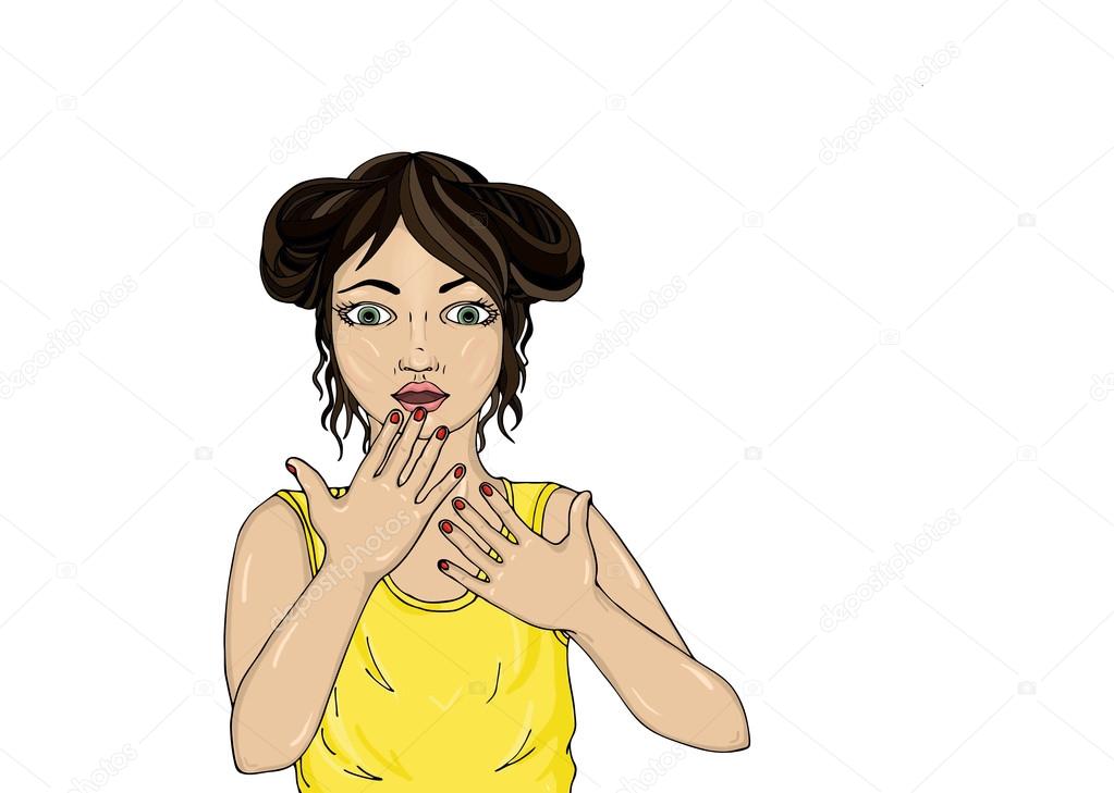 Surprised young girl covers her mouth with her hands. Beautiful 