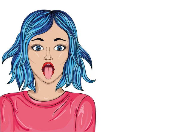 La ragazza ha tirato fuori la lingua. Scherzi. Illustrazione Pop Art — Vettoriale Stock