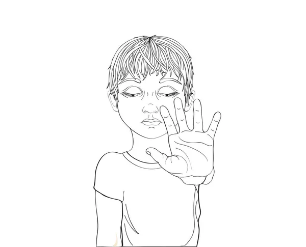 Nešťastný chlapec ruku známek dostatek. Proti násilí. Zastavte násilí. Je smutné, že dítě zavřel oči. Portrét na bílém pozadí. — Stockový vektor