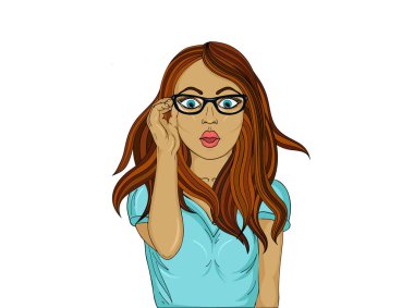 Sürpriz gözlüklü kız. Pop sanat tarzı. Vay canına. Güzel seksi 