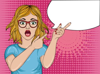 Gözlük ile sürpriz kız. Şok puan parmak Struck.Woman