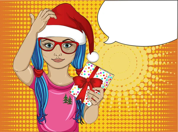 Kleines Mädchen im Hut des Weihnachtsmannes nachdenklich und in der Hand ein Geschenk. ein Kind, das denkt, ein Geschenk für den Urlaub zu machen. Illustration. Pop Art Stil — Stockfoto