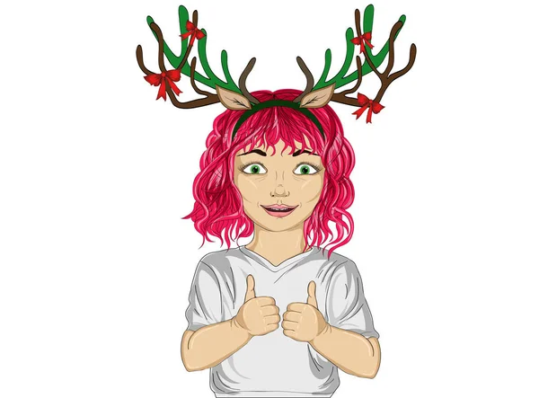 Menina feliz com chifres de veado de Natal na cabeça . — Vetor de Stock