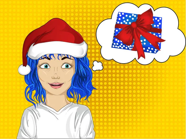 Menina feliz no chapéu de Papai Noel em sua cabeça. A rapariga pede um desejo. Ela sonha com um melhor . — Vetor de Stock