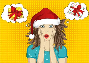 Vay canına. Çok sürpriz Noel Baba şapkalı kız. Genç kadın 