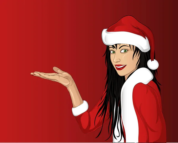 Feliz sorrindo mulher em um vestido e chapéu de Papai Noel e anunciando algo vazio na mão sobre fundo branco . — Vetor de Stock