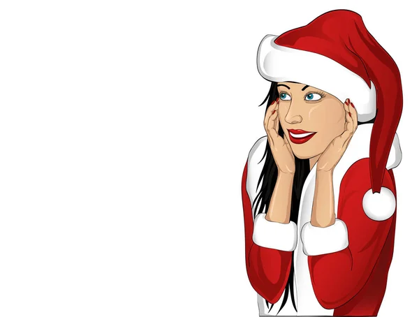 Mulher feliz em traje de Papai Noel olhando para cima e sonhando . — Vetor de Stock