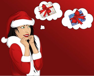 Mutlu kadın yukarıya bakıp hayal Claus Santa kostüm. Mutlu kız bir dilek yapar. O hayalleri bir hediye. Vektör 
