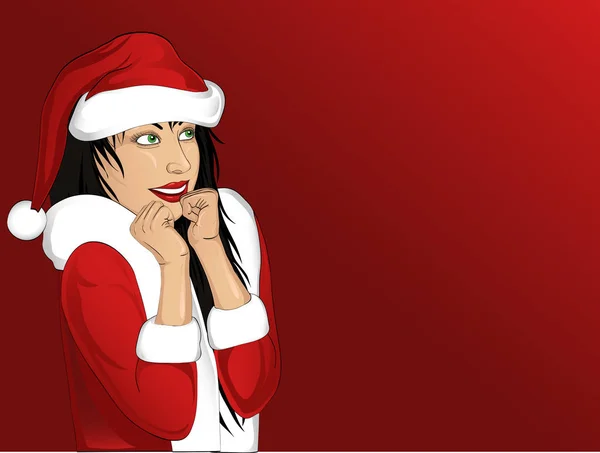 Glückliche Frau im Kostüm des Weihnachtsmannes, die aufblickt und träumt. Vektor — Stockvektor