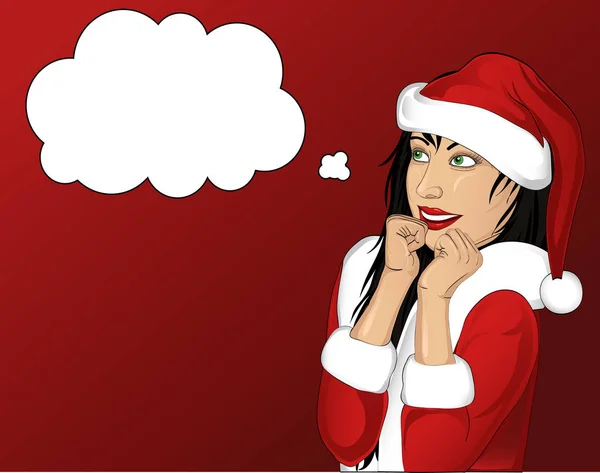 Šťastná žena v kostýmu Santa Clause vzhlédl a snění. Vektor — Stockový vektor