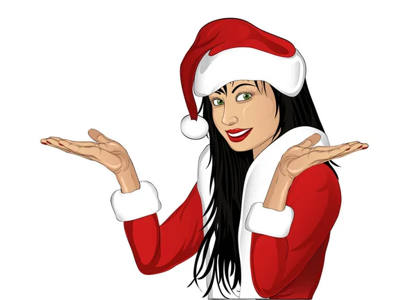 Lycklig kvinna logga in jul kostym på tom kopia utrymme — Stock vektor