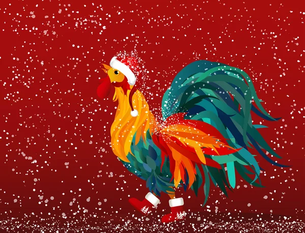Rooster in a cap of Santa Claus. Falling snow. Christmas.
