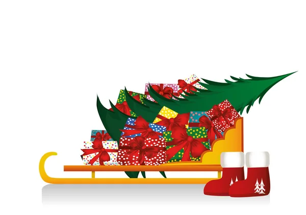 Vector. Sled cheio de presentes e árvore de Natal e botas. Inverno — Vetor de Stock