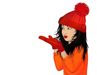 Bir kap ve ellerini dışarı üfleme mittens, güzel kadın. 