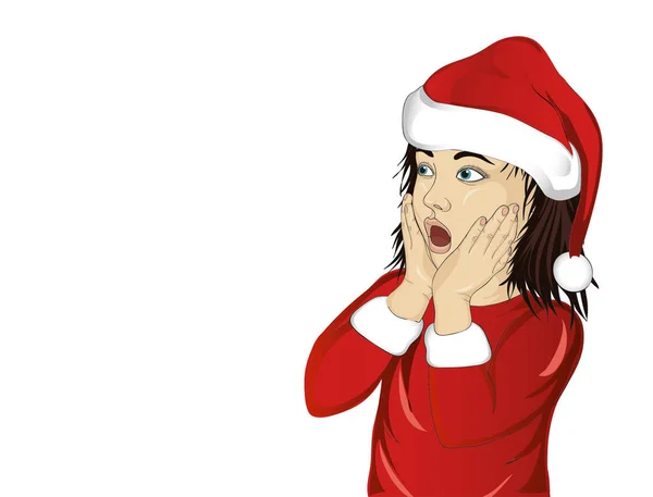 Wow. Meisje in Santa Claus kostuum zeer verbaasd. Vector — Stockvector