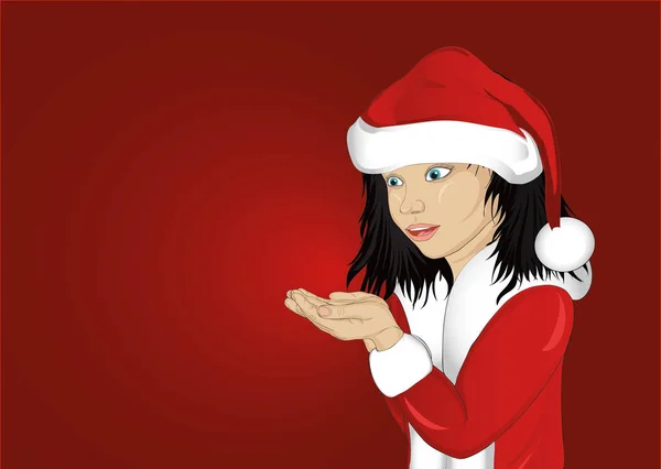 Glückliches Mädchen im Kostüm, das Weihnachtsmann Claus in seinen Händen hält — Stockvektor