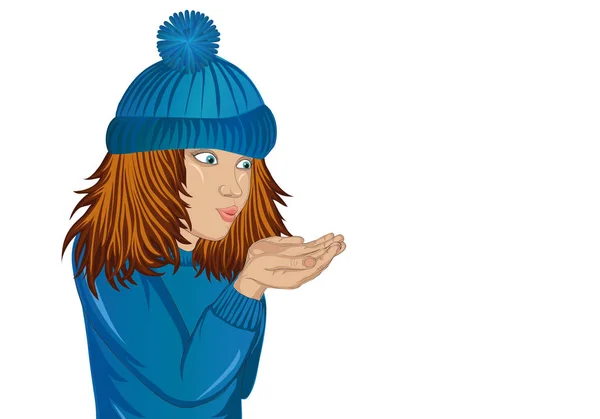 Wow! Lycklig flicka i blå hatt blåser något från hennes händer. — Stock vektor
