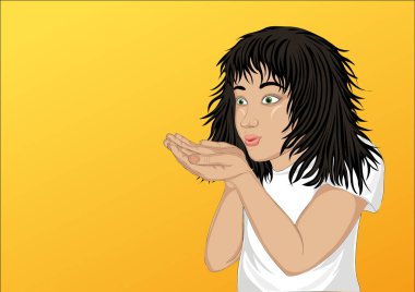 Vay canına! Mutlu kız onun elinden bir şey üfleme. Vektör.  