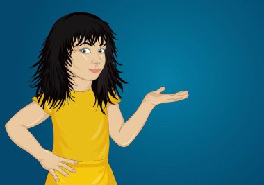 Gösterilen ya da bir şey boş alanı sunan küçük mutlu kız. 