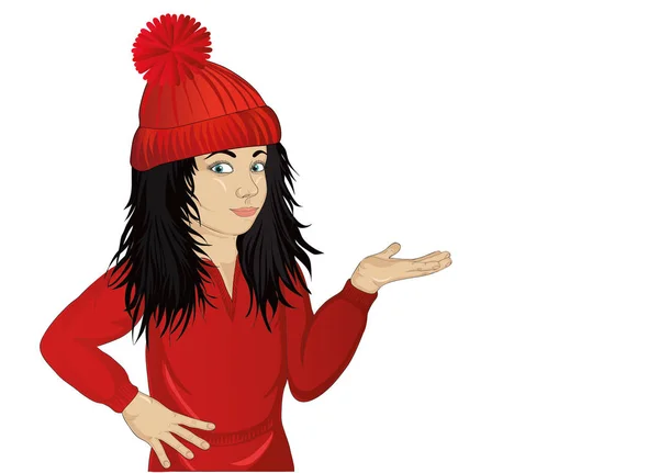 Liten glad tjej i röd hatt och reklam något — Stock vektor