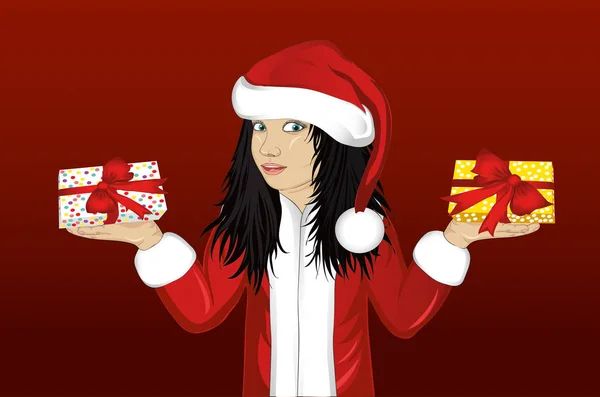 Petite fille heureuse en costume de Père Noël montrant des cadeaux — Image vectorielle