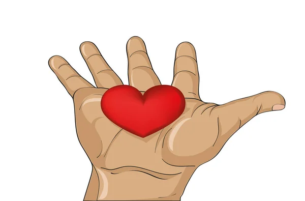 Rood hart in de hand. Gebaar open palm. Vectorillustratie — Stockvector