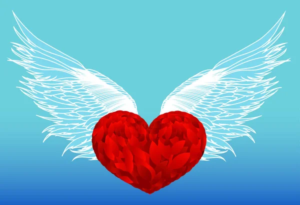 Coeur rouge design avec ailes. Vecteur. Isolé sur fond bleu — Image vectorielle