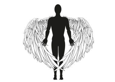 melek figürü. Vektör çizim. Siyah-beyaz grafik