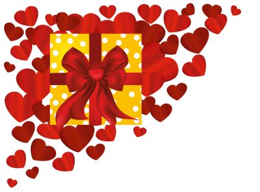 Bir kırmızı yay ve şerit kalplerin bir arka plan üzerinde hediye kutusu. 