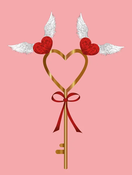 La llave mágica del corazón. Los pájaros lo recogen. Día de San Valentín . — Vector de stock