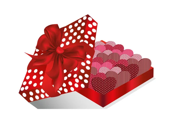 Buka kotak hadiah dengan hati di dalamnya. Hari Valentine. Kartu ucapan - Stok Vektor