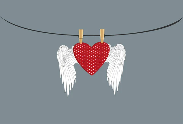 Coeur rouge avec des ailes accrochées à une corde. chevilles de vêtements — Image vectorielle