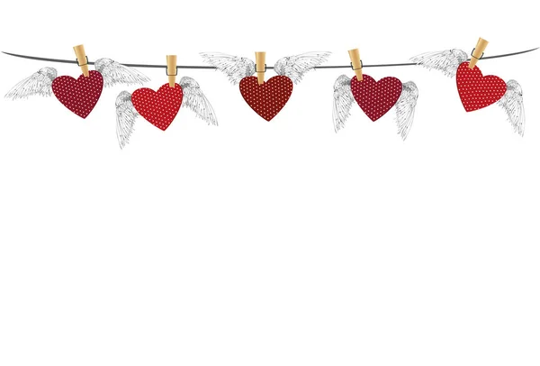 Cinco corazones rojos con alas colgando de una cuerda. clavijas de ropa — Vector de stock