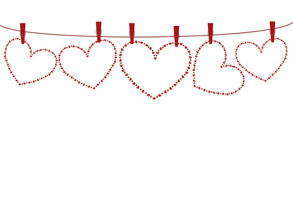 Rode harten hangen aan een touw met slothespins. Aftelkalender voor Valentijnsdag. — Stockvector