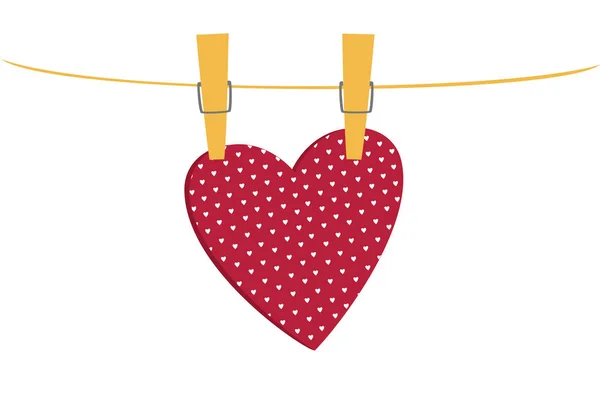 Красное сердце с картинкой, висящей на веревке. День святого Валентина . — стоковый вектор