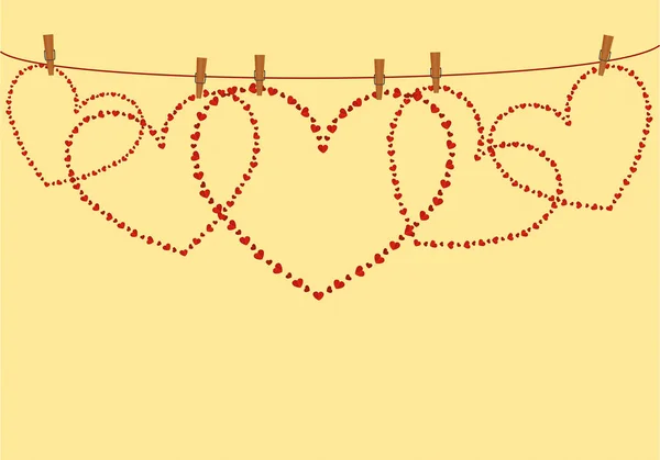 Corazones rojos colgando de una cuerda con pinzas de perezoso. Día de San Valentín . — Vector de stock