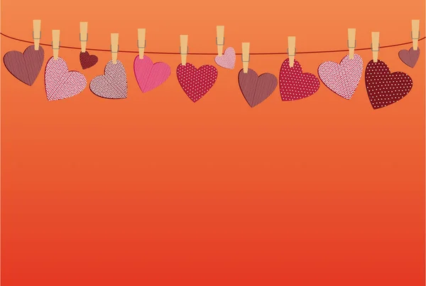Corazones rojos con una foto colgando de una cuerda. Día de San Valentín . — Vector de stock