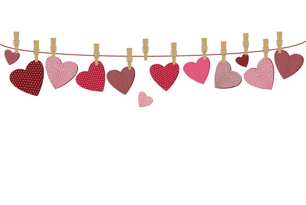 Corações vermelhos com um quadro pendurado em uma corda. Dia dos Namorados . — Vetor de Stock