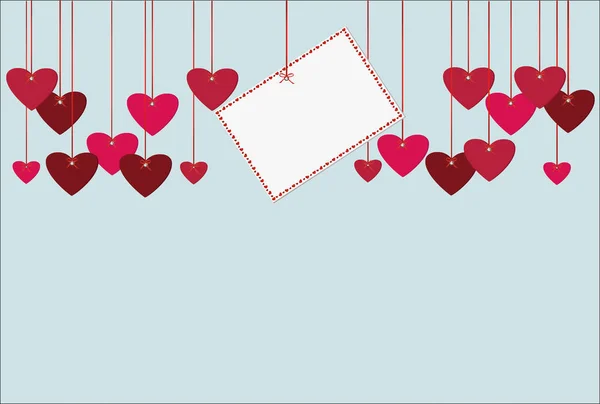 Rote Herzen und leeres Papier mit einem Bild, das an einem Band hängt. — Stockvektor