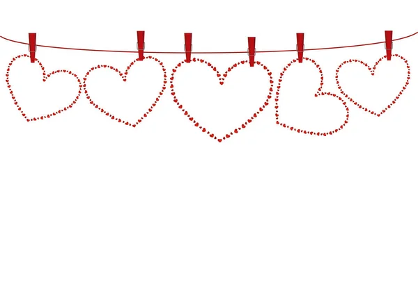 Red hearts  hanging on a rope with slothespins. Valentine's Day. — Stock Vector