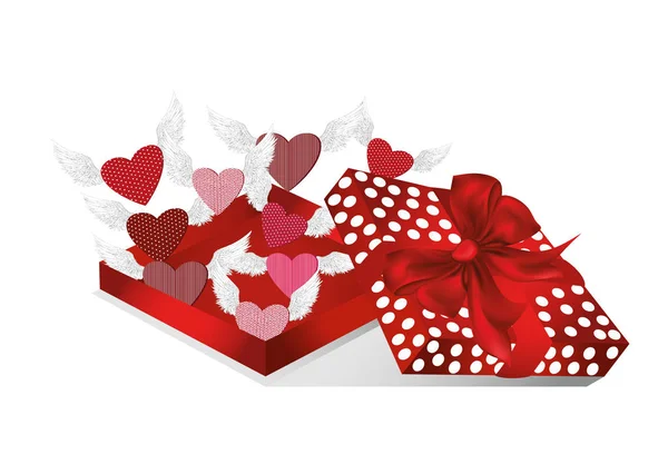 Caixa vermelha de presente aberta com corações de partida com asas. São Valentim — Vetor de Stock