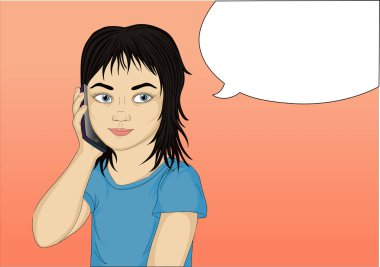 Küçük kız mobil ve gülümseyerek konuşuyor. Çocuk telefon getirdi