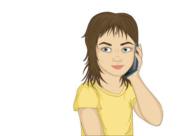 Küçük kız mobil ve gülümseyerek konuşuyor. Çocuk telefon getirdi