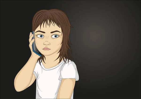 Vážné a rozzlobený holčička mluví po telefonu při držení — Stockový vektor