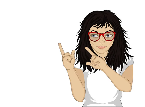 Poco entusiasta chica en gafas sonriendo y mostrando los pulgares hacia arriba . — Vector de stock