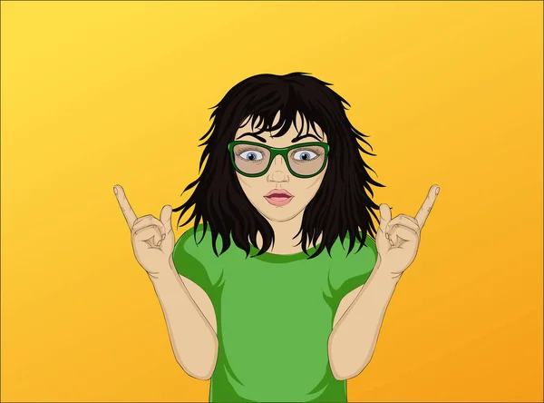 Niña con gafas en shock por las nuevas ideas y gestos — Vector de stock