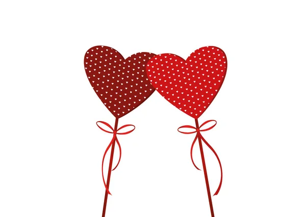 Dois corações vermelhos num pau com arco e fita. Dia dos Namorados . — Vetor de Stock